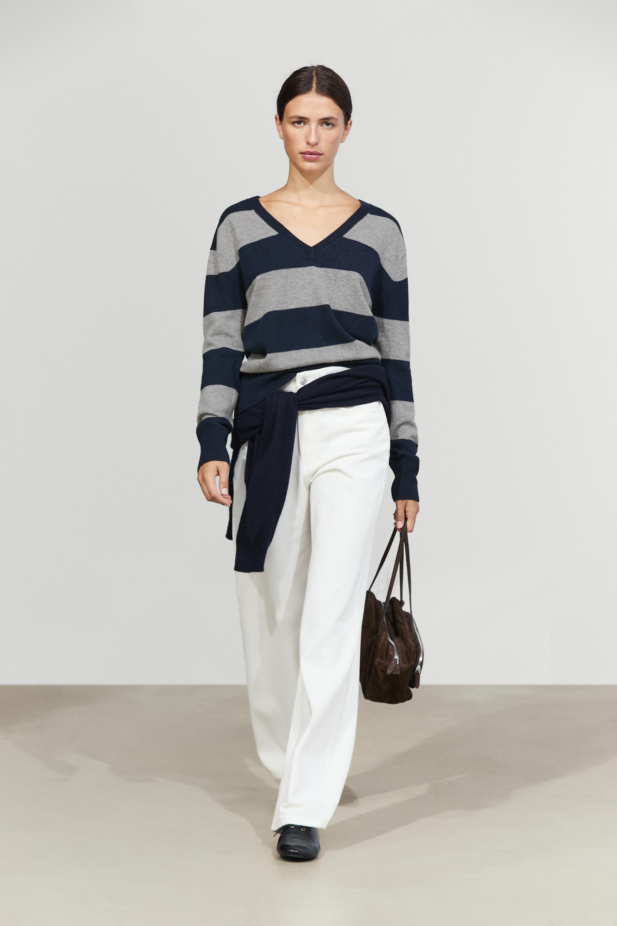 Wool and cashmere stripe V-neck knit sweater